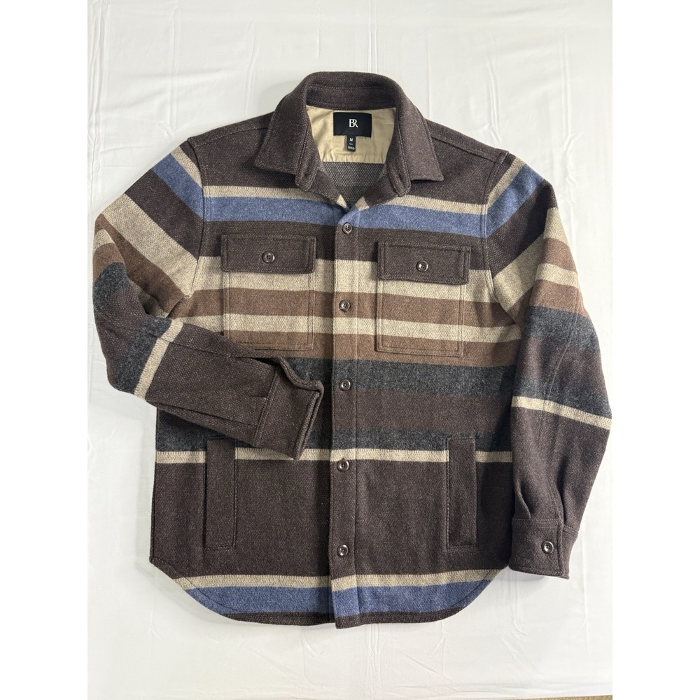Banana Republic Men's Sz M Long Wool Blend Brown Striped Shacket Blanket Lined